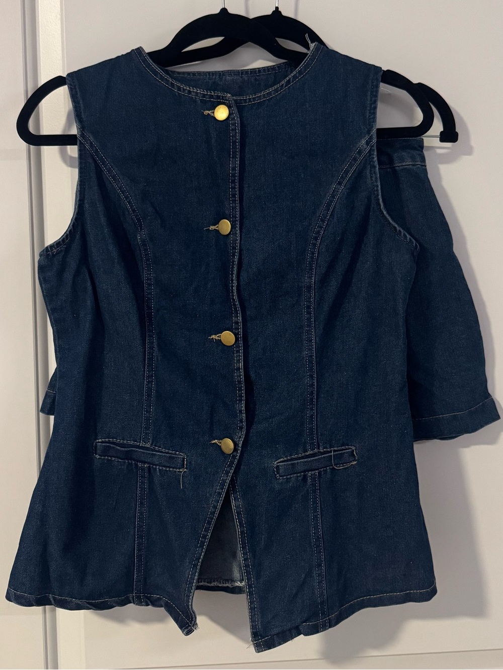 Sleeveless Dark Blue Denim Vest with Gold Buttons and Pants Set